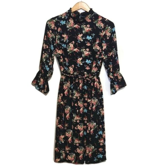 ModCloth Floral Ruffle Mock Neck Front Tie Waist Black Midi Dress Size S - Picture 16 of 16